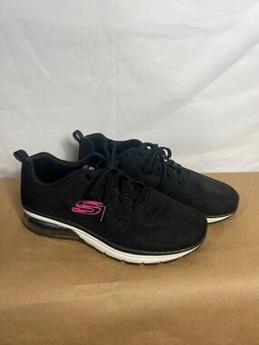 Skechers Black Lace-Up Athletic Sneakers with Pink Logo Accent